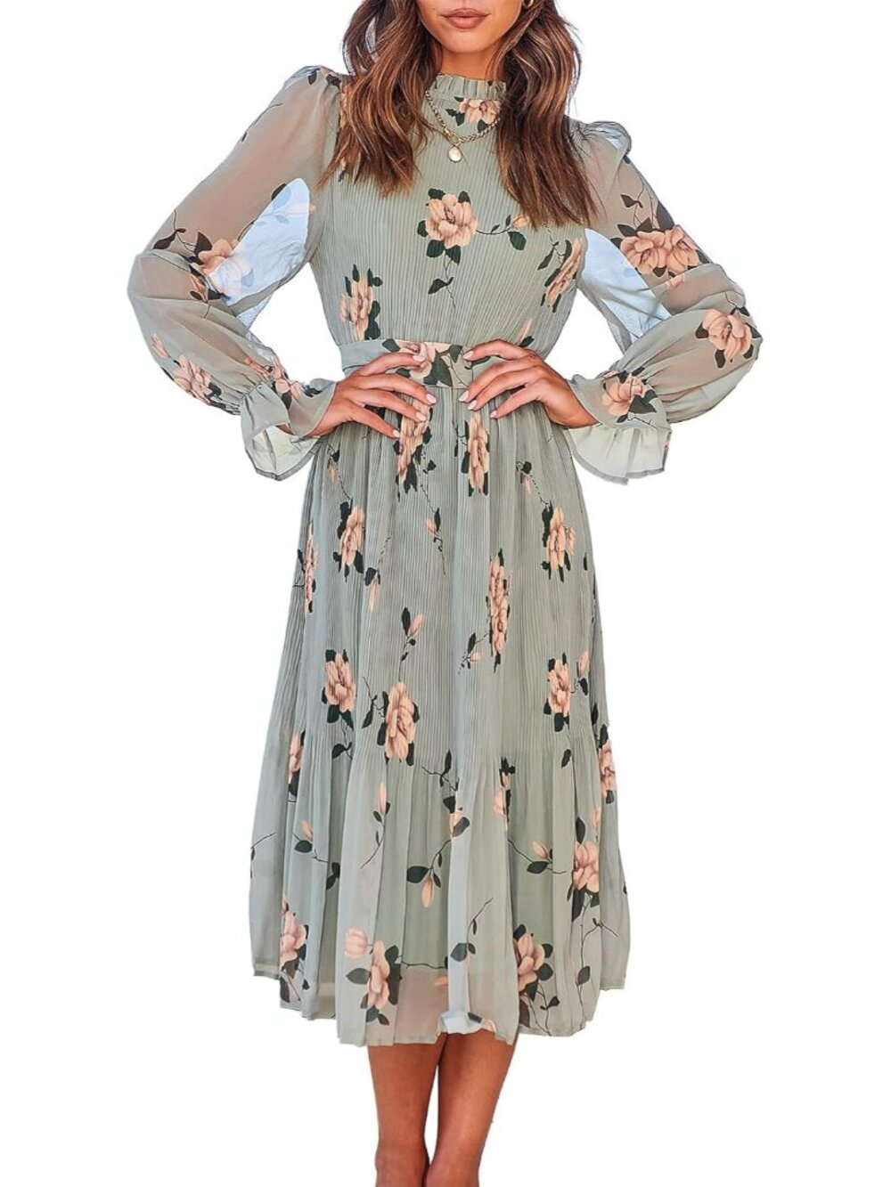 Women Fall Wedding Guest Floral Puff Long Sleeve Midi Dress